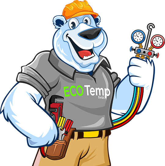 The Eco Temp HVAC mascot named Breezy the Bear holds manifold gauge sets used to diagnose and repair refrigerators or cooling systems.