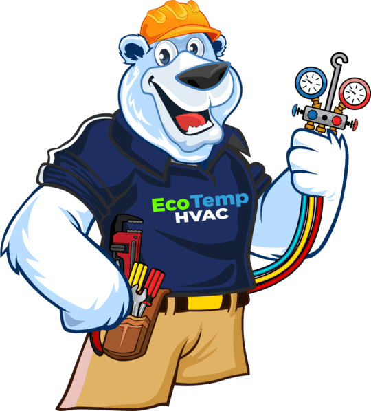 Eco Temp HVAC's mascot Breezy the Polar Bear dressed in a navy blue shirt and khaki shorts while holding a HVAC technician gauge.