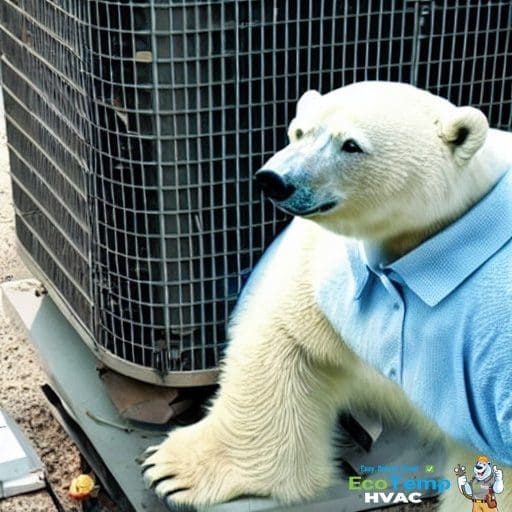 Polar bear technician next to an air conditioner.