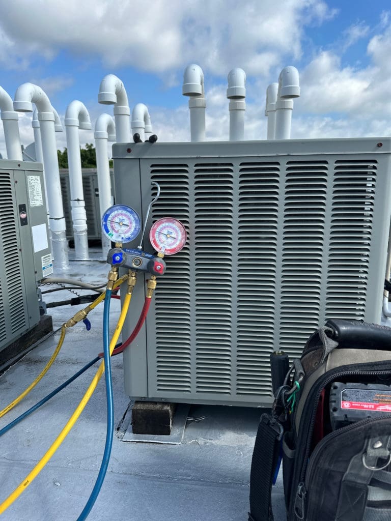 An HVAC system on the roof of a business in Oak Brook IL.